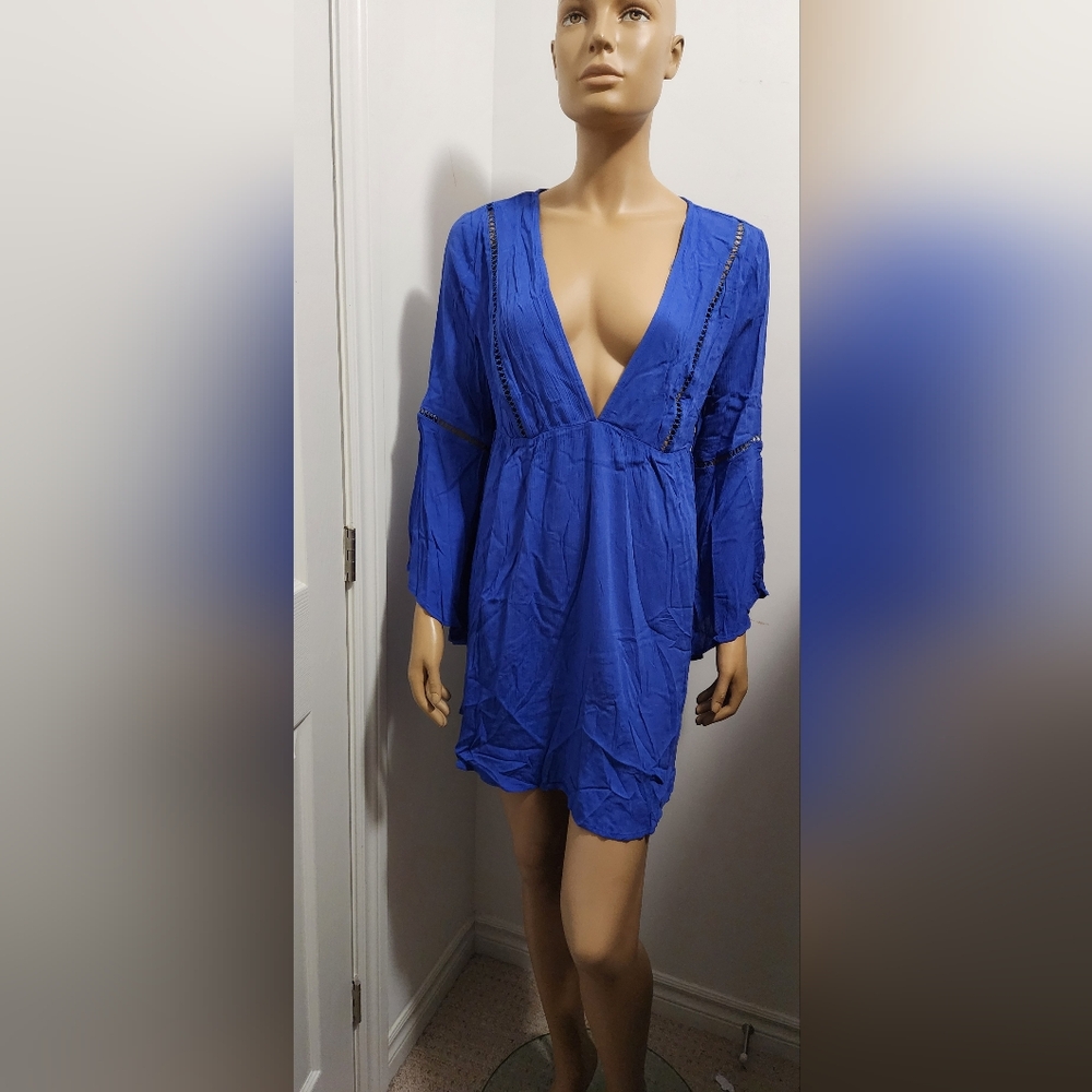 Merokeety Royal Blue Long Flare Sleeves Boho Dress Size L